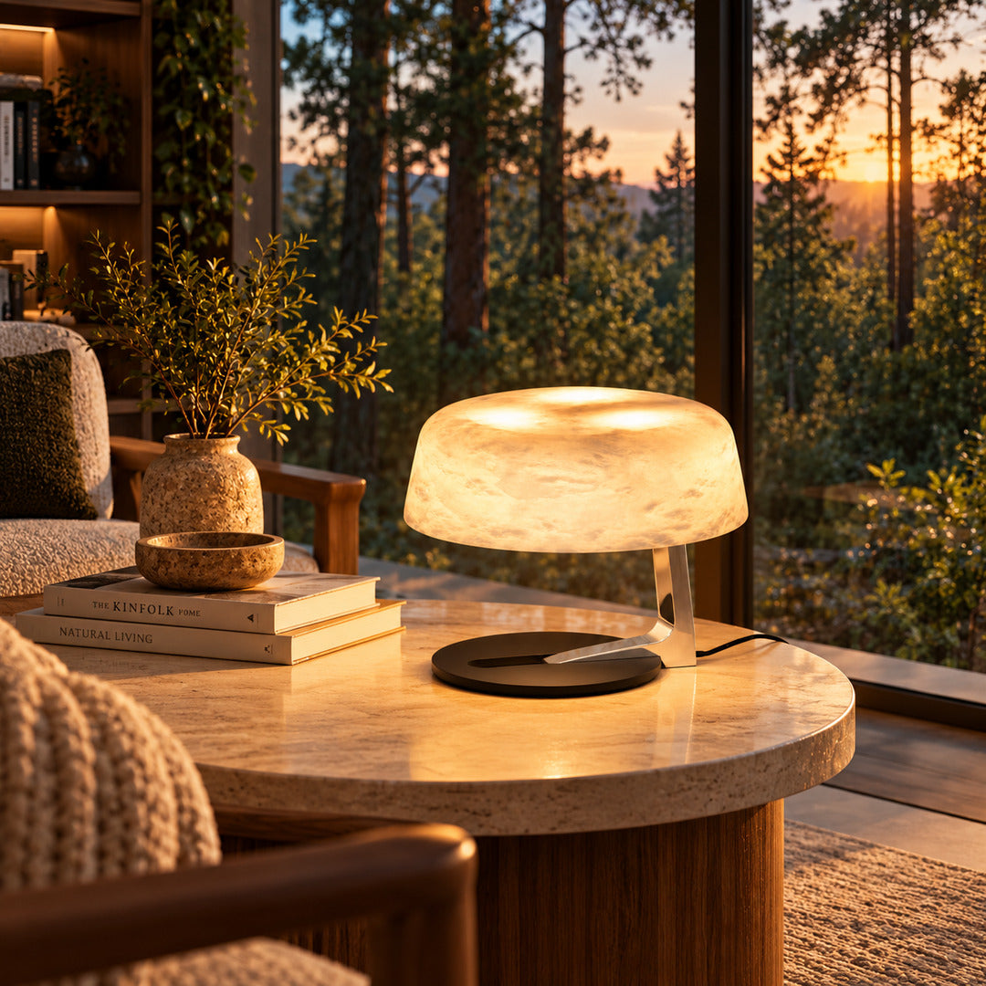 Orbita alabaster table lamp on a side table in a modern living room