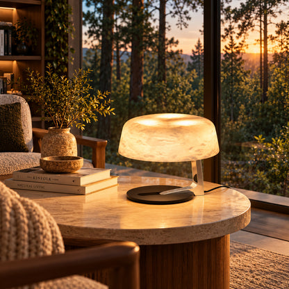 Orbita alabaster table lamp on a side table in a modern living room