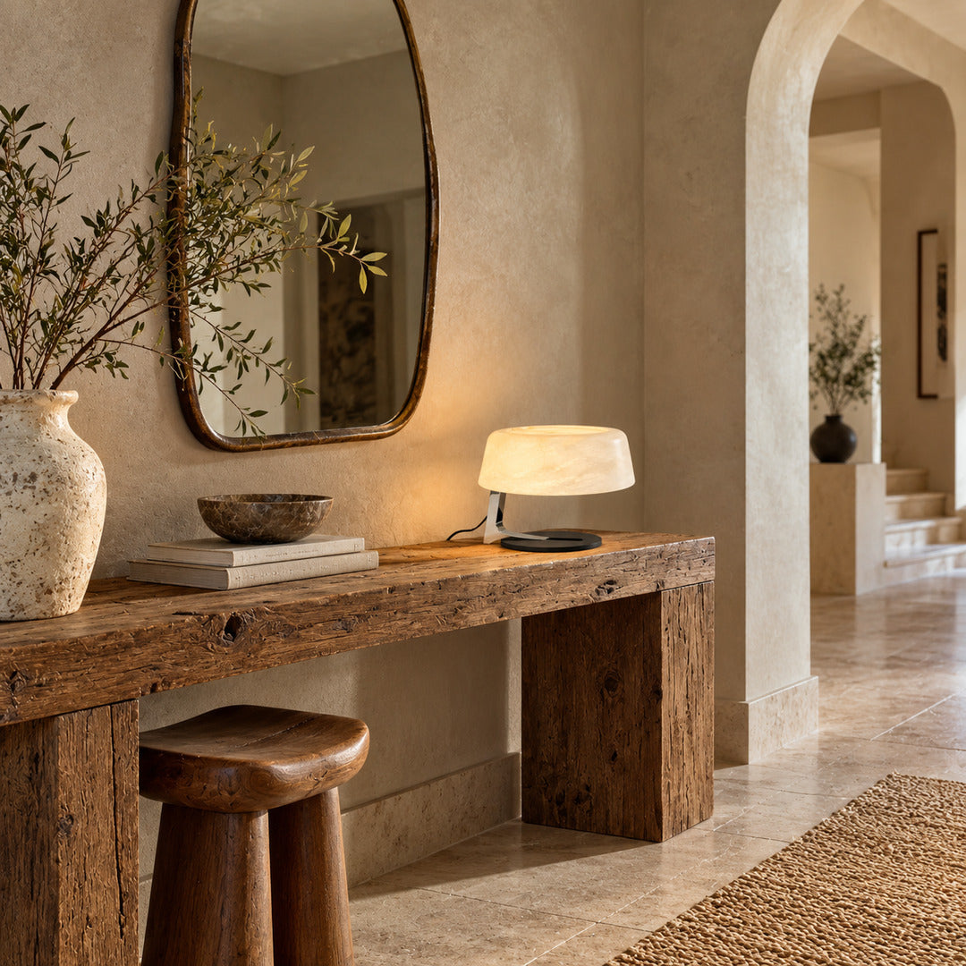 Orbita alabaster table lamp on an entryway console