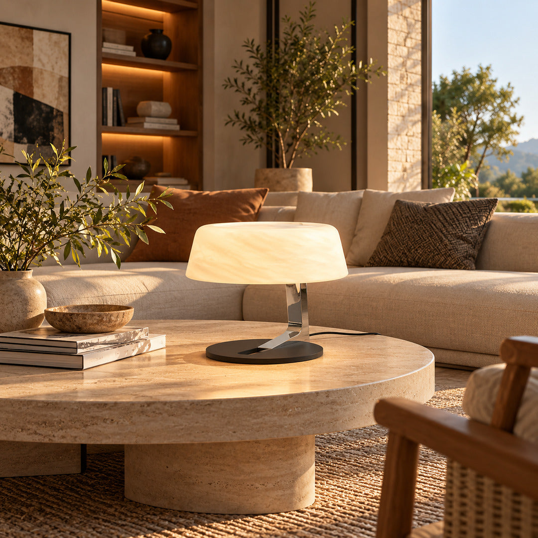 Orbita alabaster table lamp on a side table in a modern living room
