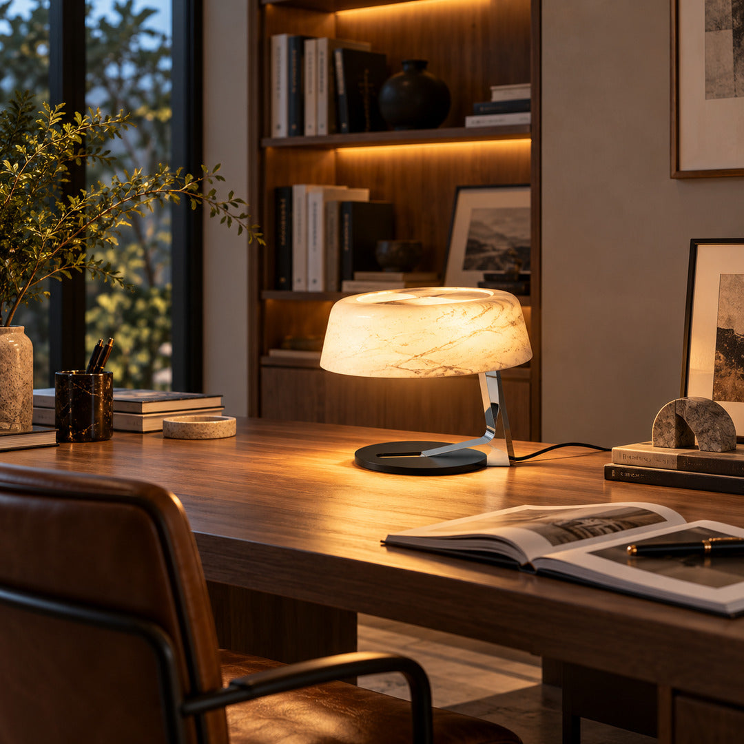 Orbita alabaster table lamp as an accent light on a home office desk