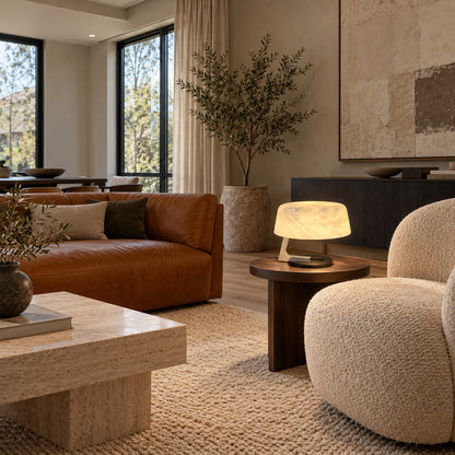 Orbita alabaster table lamp on a side table in a modern living room