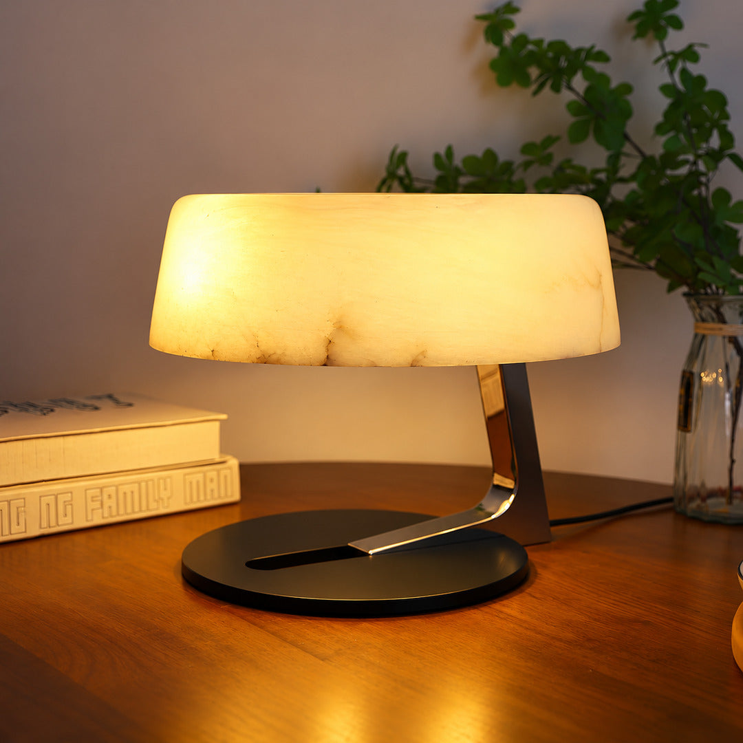 Orbita alabaster table lamp as an accent light on a home office desk
