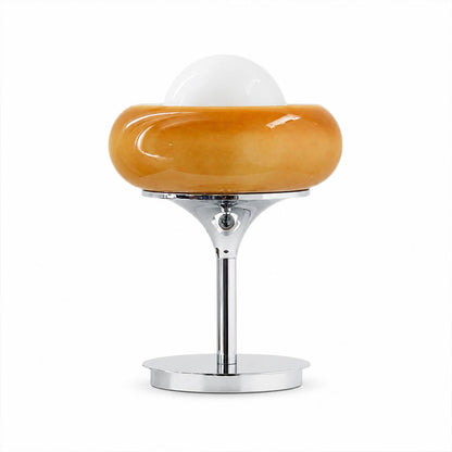 Orbita table lamp chrome and orange space age 1970s Italian mid century modern glass amber orb globe 11 inch bedside accent statement vintage inspired white background