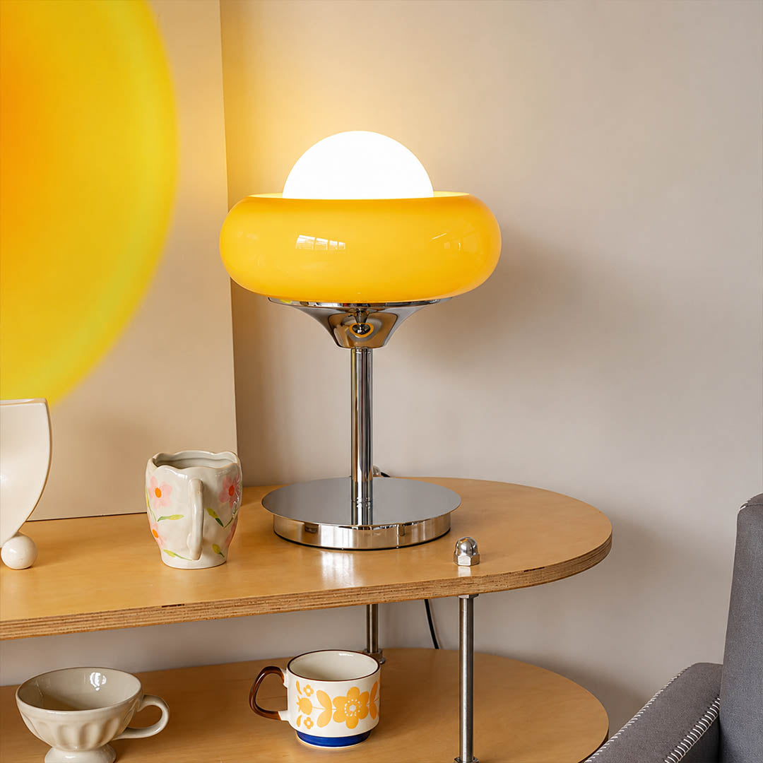 Orbita table lamp modern dining room buffet sideboard console chrome orange space age 1970s Italian mid century modern warm ambient sophisticated entertaining vintage inspired lifestyle interior American home