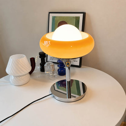 Orbita table lamp modern library reading corner nook side table chrome orange space age 1970s Italian mid century modern warm ambient intimate cozy lifestyle interior American home