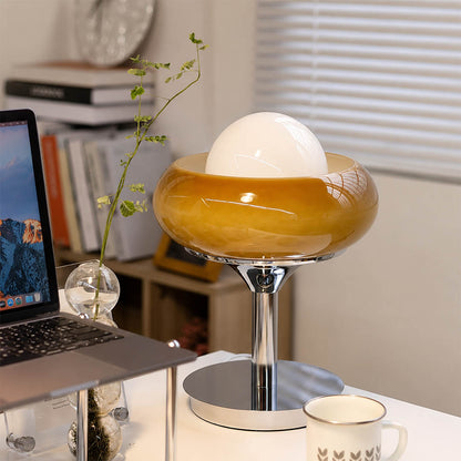 Orbita table lamp boutique hotel guest room bedside hospitality chrome orange space age 1970s Italian mid century modern warm ambient upscale retro sophisticated lifestyle interior