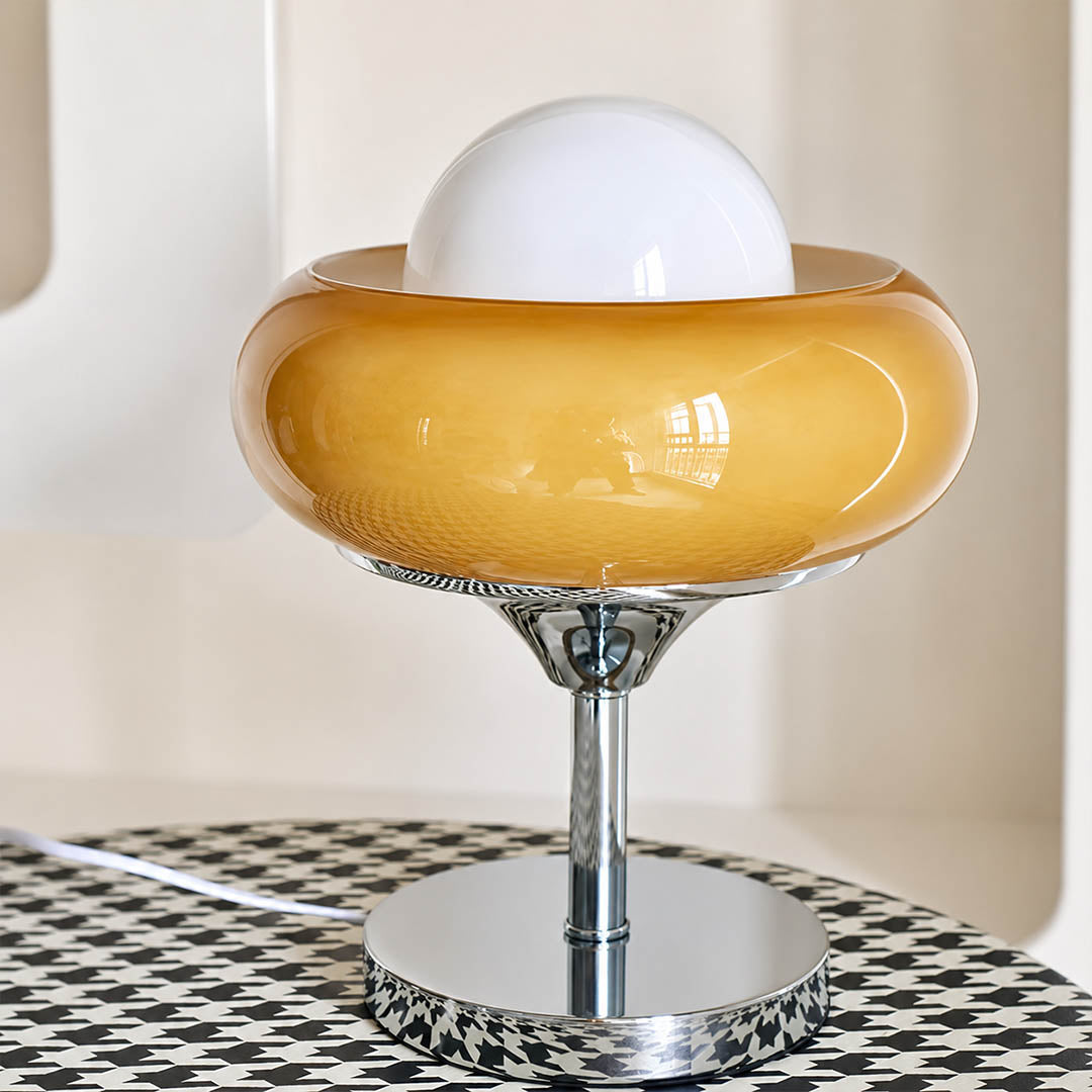 Orbita table lamp modern windowsill sunny accent chrome orange space age 1970s Italian mid century modern warm ambient natural light architectural lifestyle interior American home