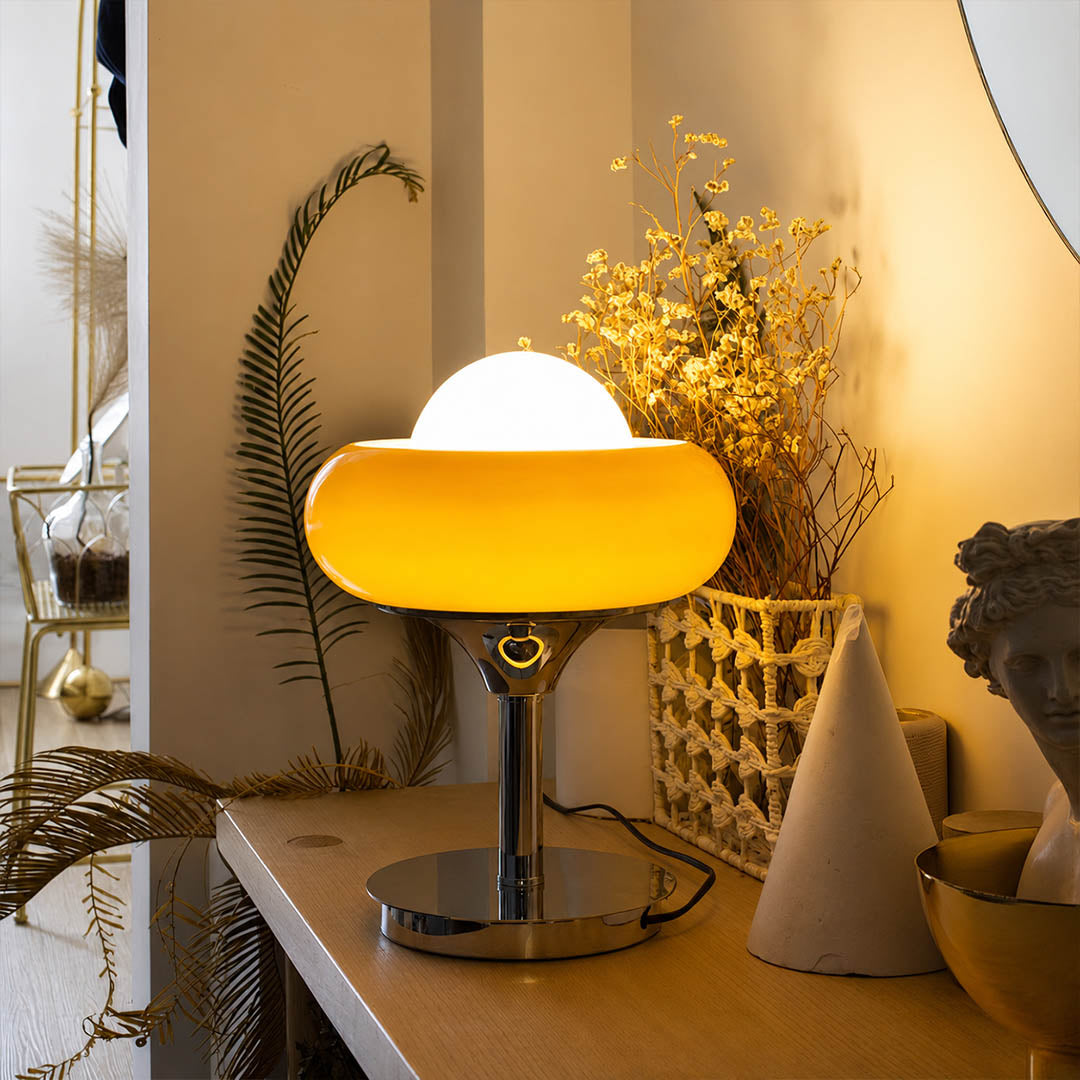 Orbita table lamp modern entryway foyer console table welcome chrome orange space age 1970s Italian mid century modern warm ambient elegant vintage inspired lifestyle interior American home