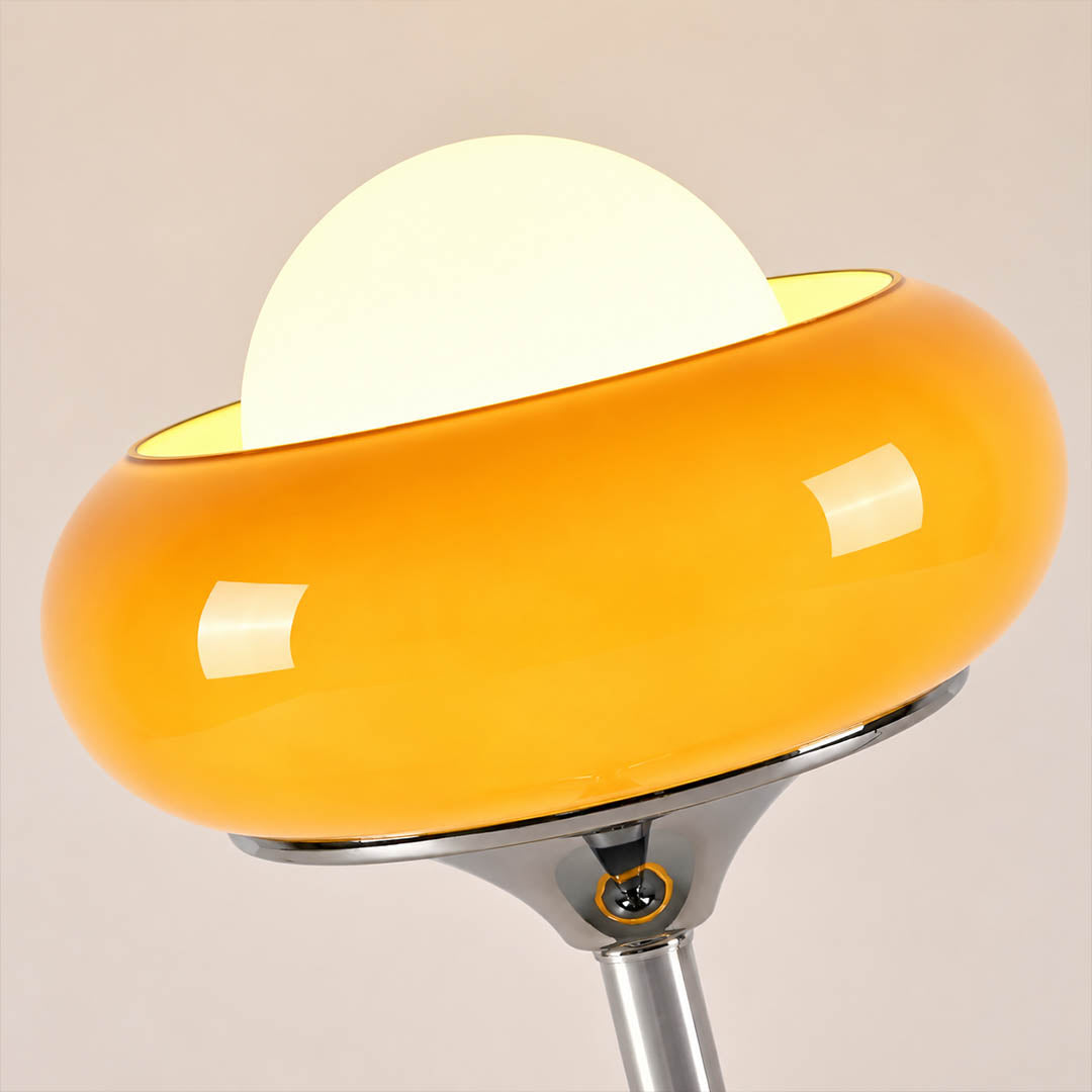 Orbita table lamp signature orange amber acrylic PMMA plexiglass globe orb sphere space age warm glow translucent detail close up craftsmanship