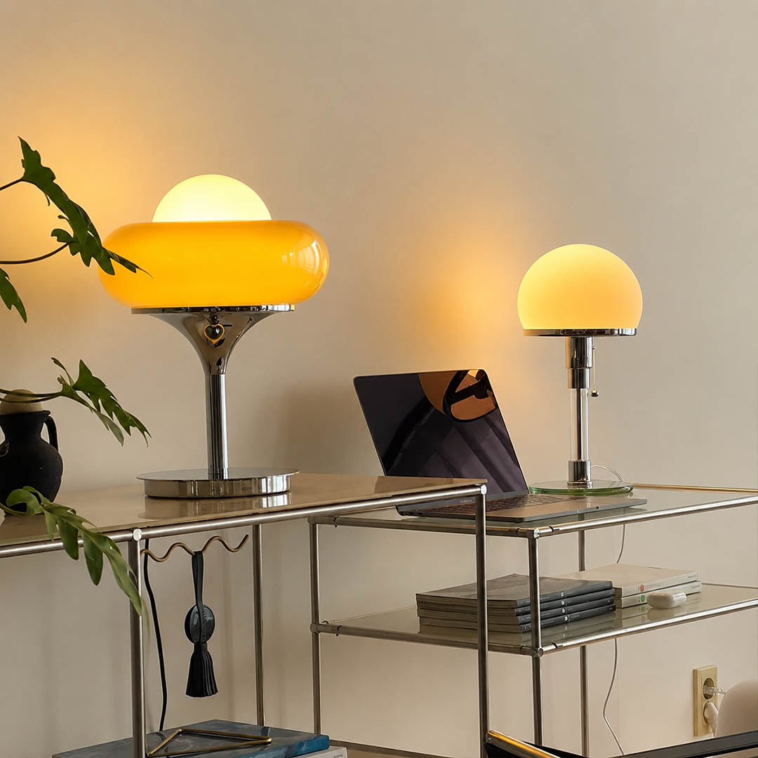 Orbita table lamp modern entryway foyer console table welcome chrome orange space age 1970s Italian mid century modern warm ambient elegant vintage inspired lifestyle interior American home