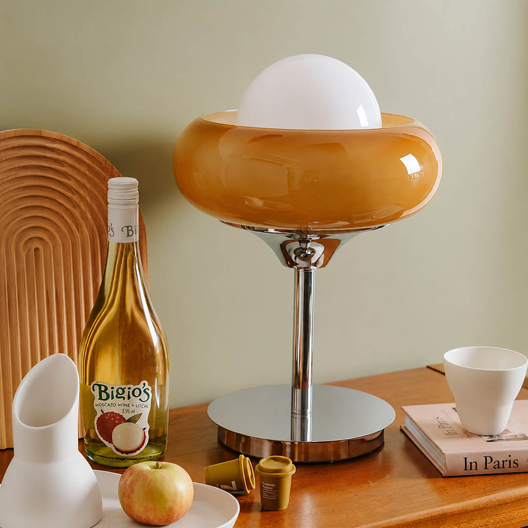 Orbita table lamp modern dining room buffet sideboard console chrome orange space age 1970s Italian mid century modern warm ambient sophisticated entertaining vintage inspired lifestyle interior American home