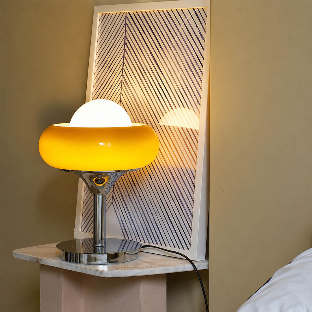 Orbita table lamp modern library reading corner nook side table chrome orange space age 1970s Italian mid century modern warm ambient intimate cozy lifestyle interior American home
