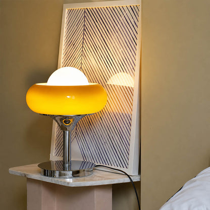 Orbita table lamp modern library reading corner nook side table chrome orange space age 1970s Italian mid century modern warm ambient intimate cozy lifestyle interior American home