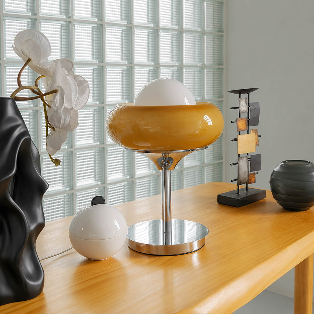 Orbita table lamp modern home office desk workspace chrome orange space age 1970s Italian mid century modern warm ambient functional creative sophisticated lifestyle interior American home