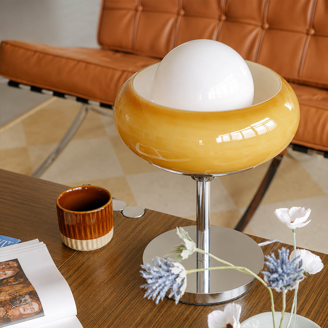 Orbita table lamp modern living room side table sofa accent chrome orange space age 1970s Italian mid century modern warm ambient statement sophisticated lifestyle interior American home