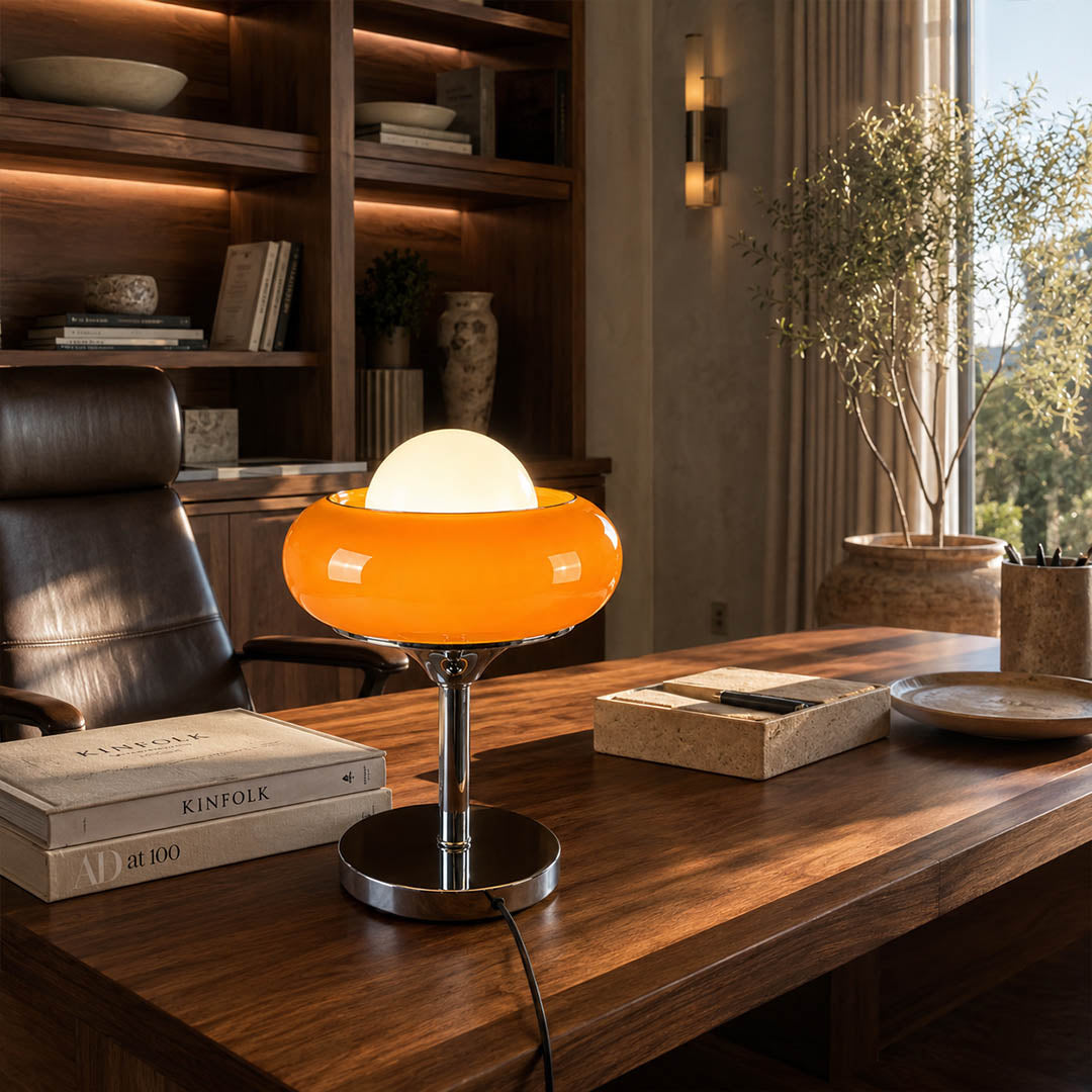 Orbita table lamp modern home office desk workspace chrome orange space age 1970s Italian mid century modern warm ambient functional creative sophisticated lifestyle interior American home