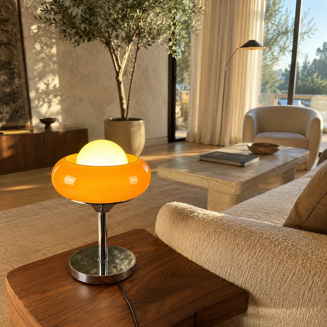 Orbita table lamp modern living room side table sofa accent chrome orange space age 1970s Italian mid century modern warm ambient statement sophisticated lifestyle interior American home