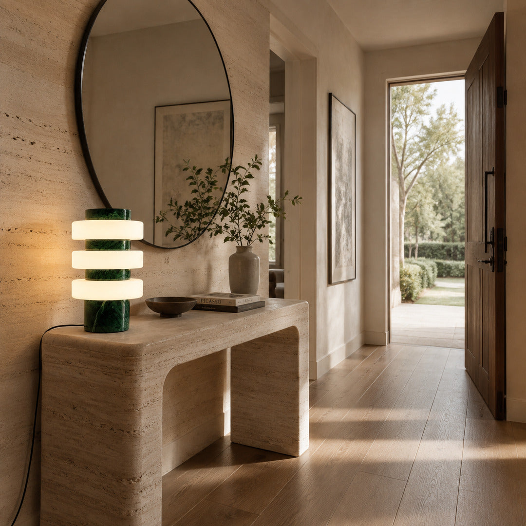 Orbita travertine table lamp entryway console warm glow travertine stone glass rings American home lifestyle interior styled