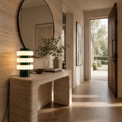 Orbita travertine table lamp entryway console warm glow travertine stone glass rings American home lifestyle interior styled