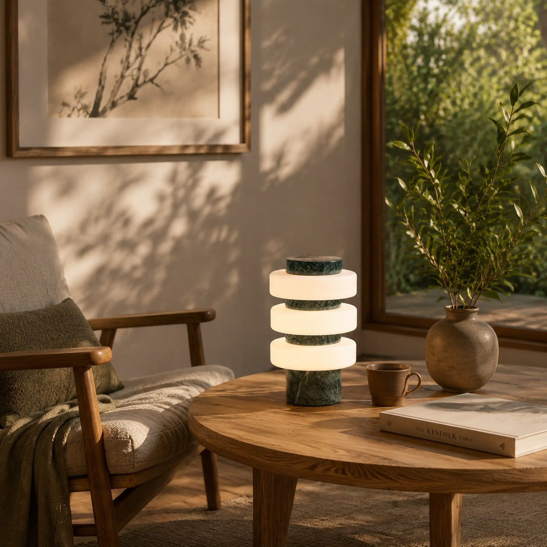 Orbita travertine table lamp wabi sabi japandi natural stone space glass rings warm American home lifestyle interior styled
