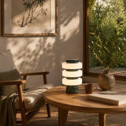 Orbita travertine table lamp wabi sabi japandi natural stone space glass rings warm American home lifestyle interior styled