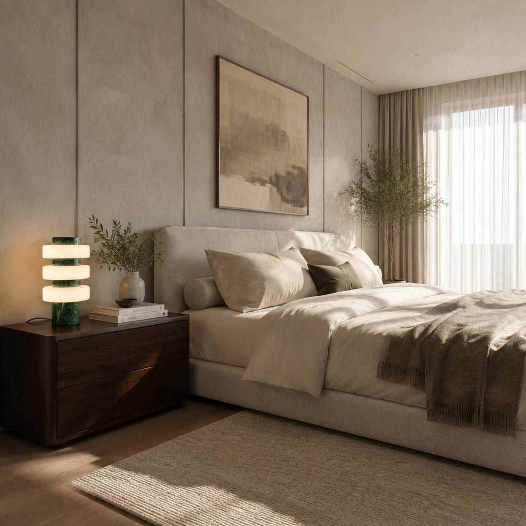 Orbita travertine table lamp bedroom nightstand bedside warm glow natural travertine stone glass rings sculptural American home lifestyle interior styled