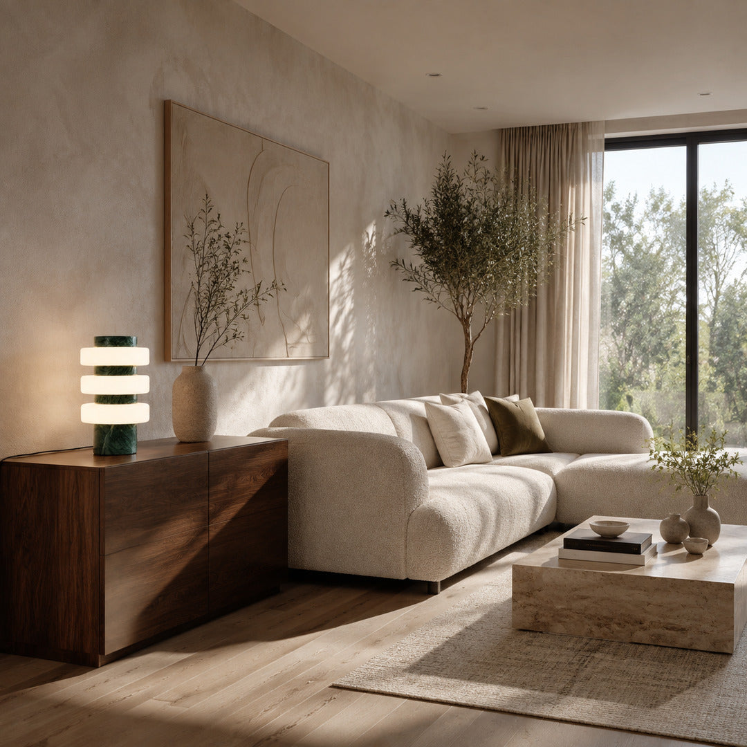 Orbita travertine table lamp living room side table warm glow travertine stone glass rings American home lifestyle interior styled