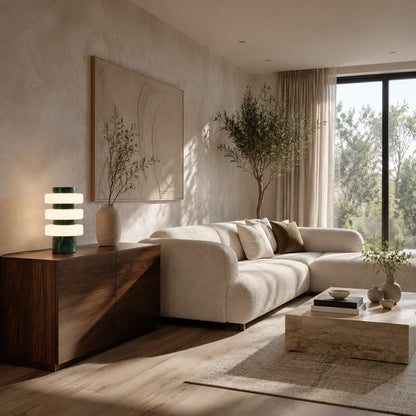 Orbita travertine table lamp living room side table warm glow travertine stone glass rings American home lifestyle interior styled