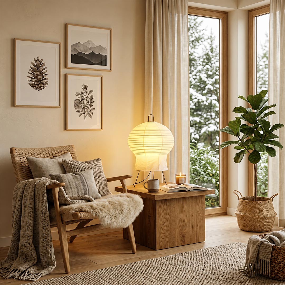 Cozy living room scene featuring the organic silhouette of an Akari 2N Table Lamp near a lounge chair by Stuber Lighting.
