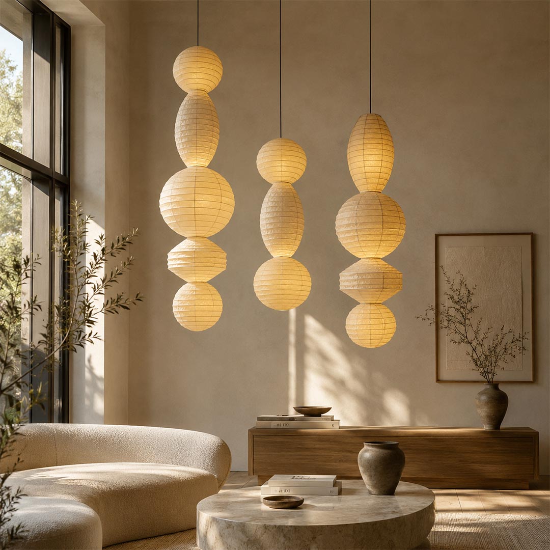Organic modern living room decorated with a pair of layered Ori Lantern Series Paper Lamps under dramatic sunlight by Stuber Lighting.
