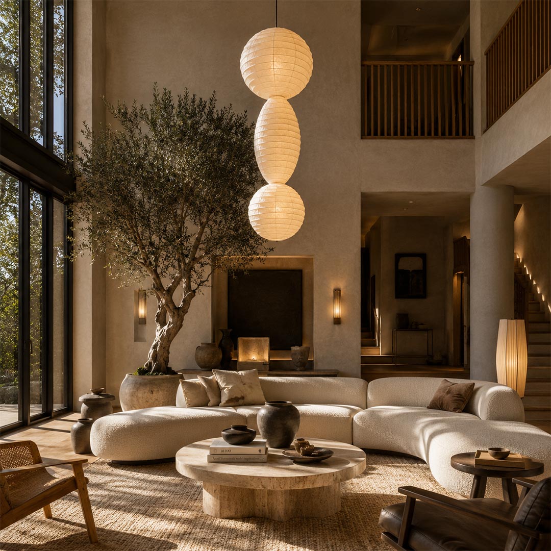 Sun-drenched modern loft featuring a tall vertical Ori Lantern Series Paper Pendant Light above a white sectional sofa by Stuber Lighting.
