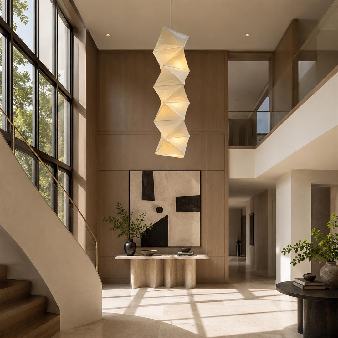 Long vertical Washi Paper L8 Pendant Lamp hanging in a luxurious high-ceiling foyer with a modern staircase by Stuber Lighting.