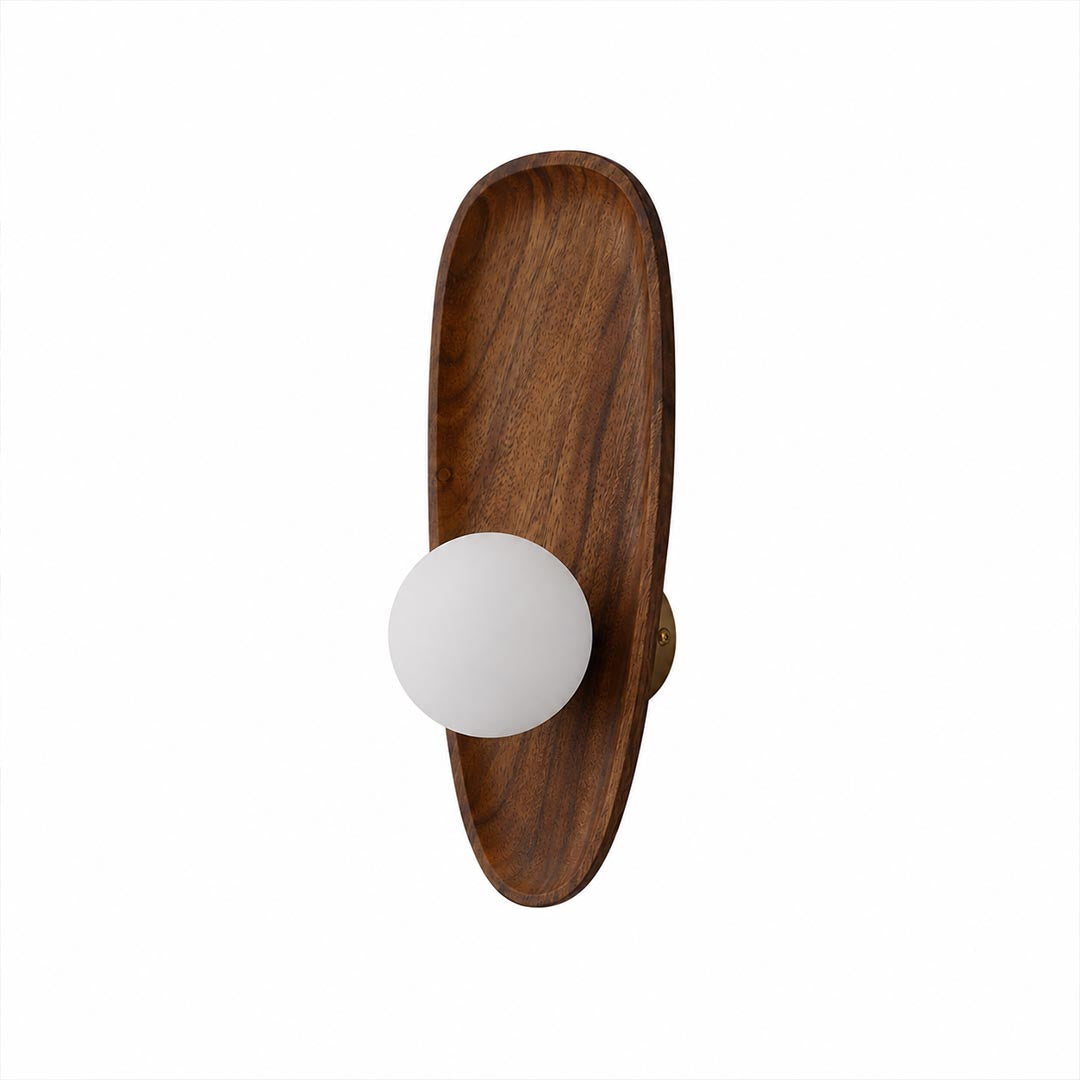 Ovi wood wall lamp walnut frosted white glass globe slim tall shape wabi sabi minimalist sconce white background front view