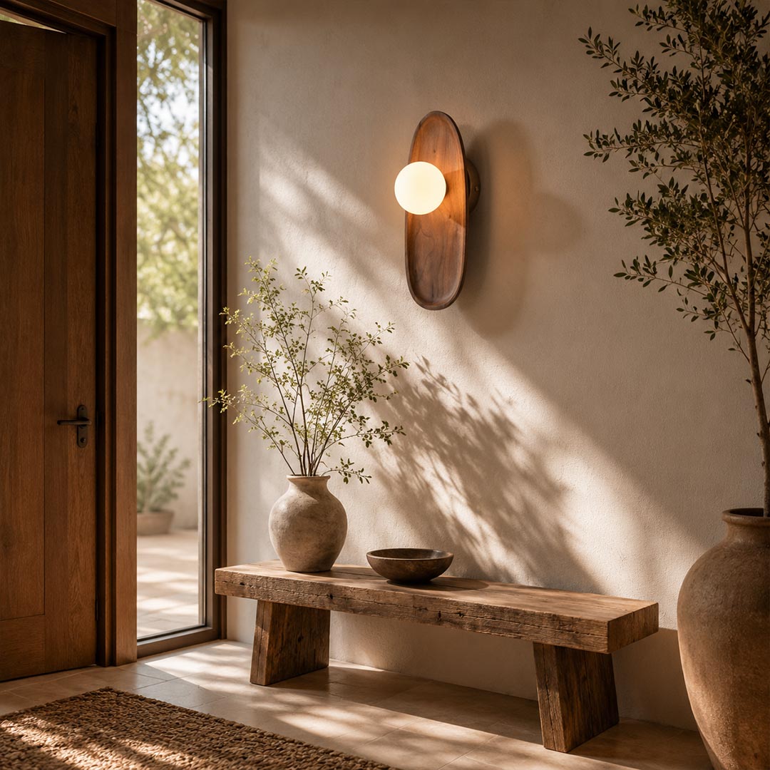 Ovi wood wall lamp walnut single entryway hallway frosted glass globe warm welcoming wabi sabi minimalist American home lifestyle interior