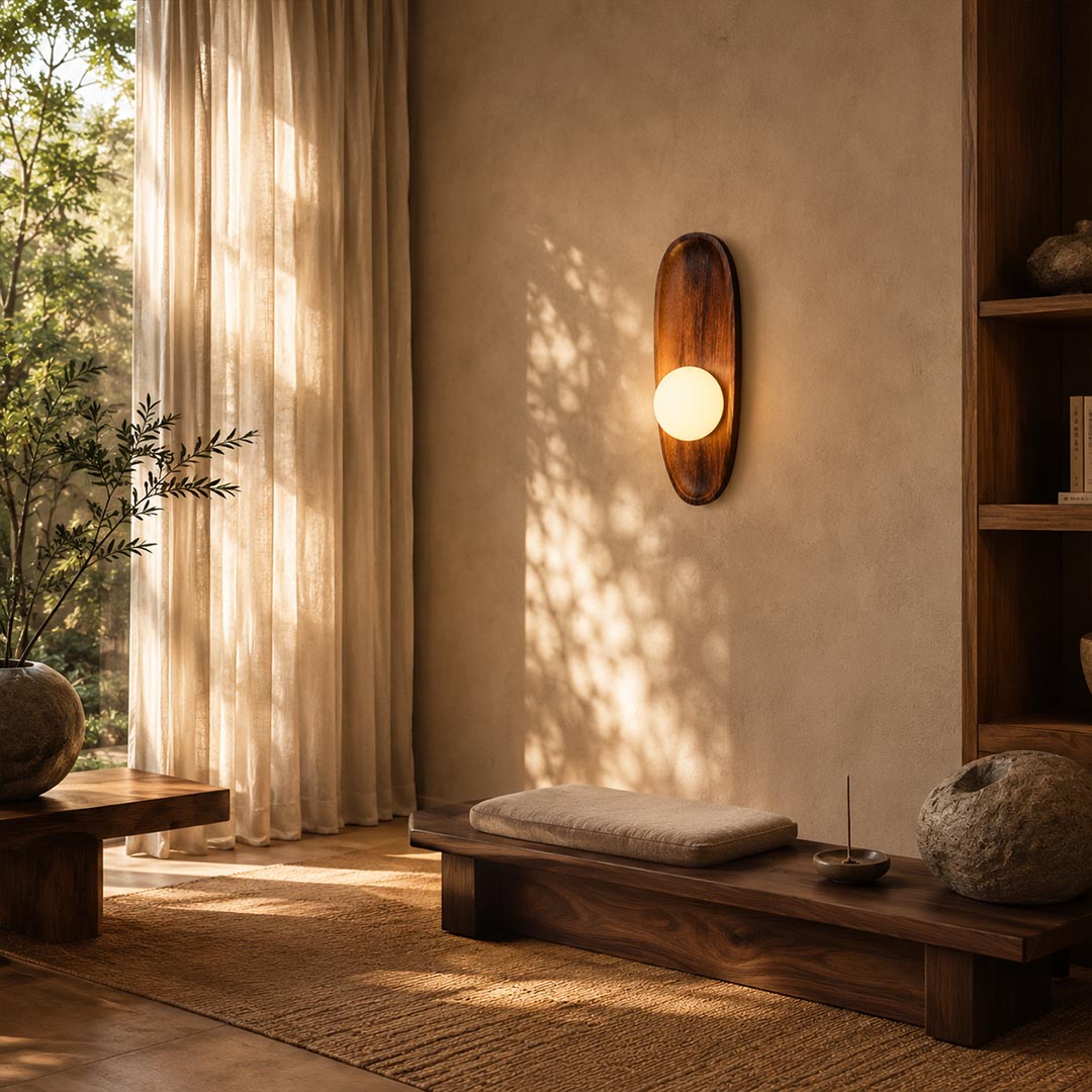 Ovi wood wall lamp walnut single entryway hallway frosted glass globe warm welcoming wabi sabi minimalist American home lifestyle interior