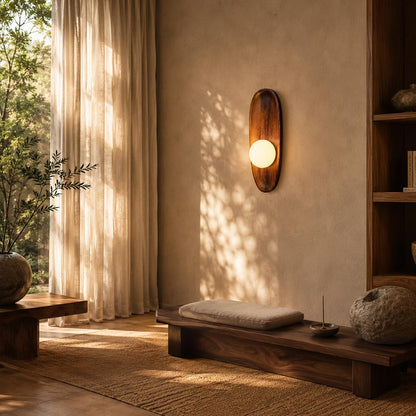 Ovi wood wall lamp walnut single entryway hallway frosted glass globe warm welcoming wabi sabi minimalist American home lifestyle interior