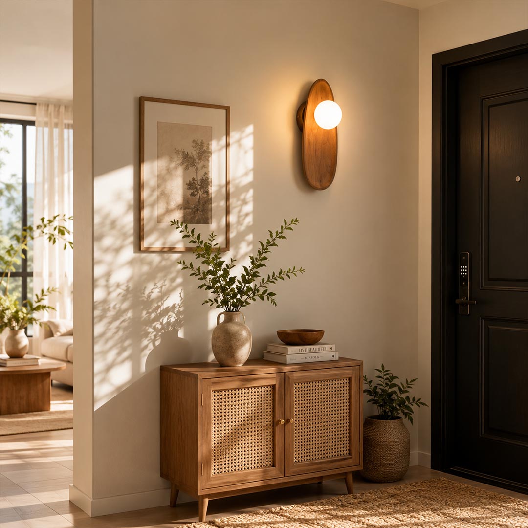 Ovi wood wall lamp walnut single entryway hallway frosted glass globe warm welcoming wabi sabi minimalist American home lifestyle interior