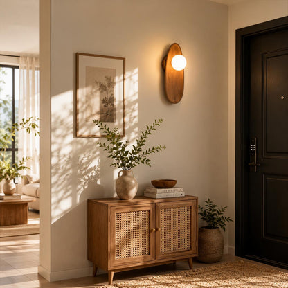 Ovi wood wall lamp walnut single entryway hallway frosted glass globe warm welcoming wabi sabi minimalist American home lifestyle interior