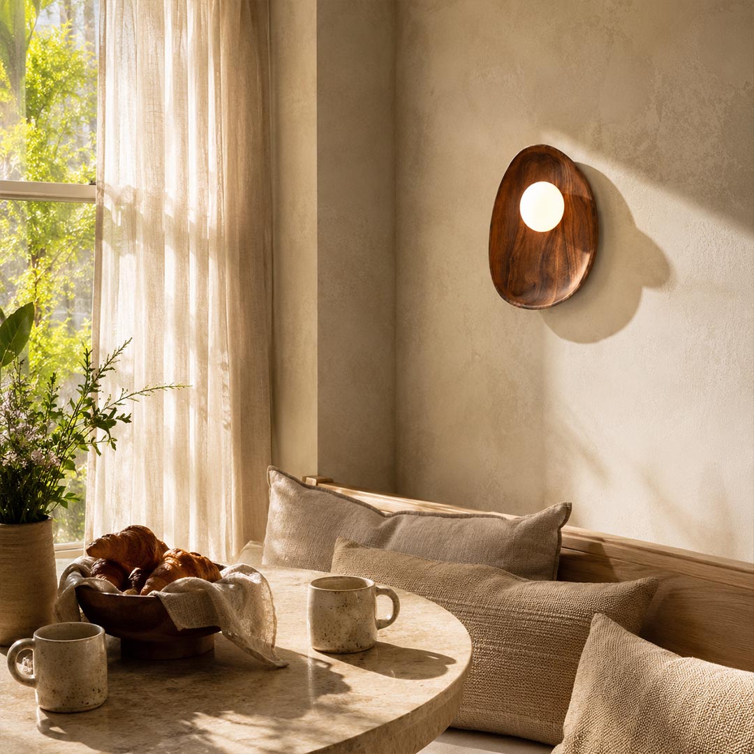 Ovi wood wall lamp walnut single reading nook beside chair frosted glass globe warm soft wabi sabi American home lifestyle interior
