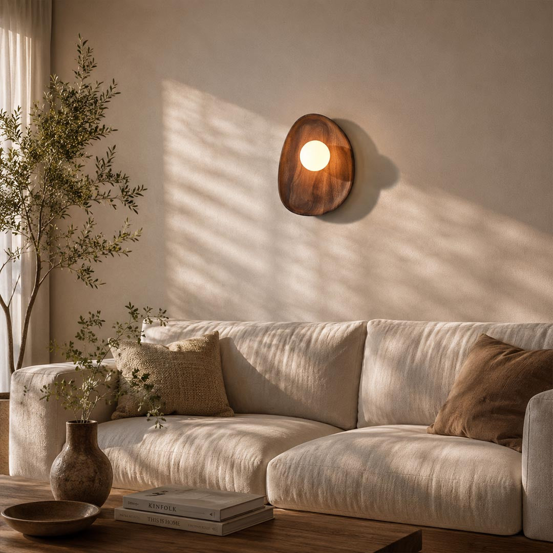 Ovi wood wall lamp walnut pair tv feature accent wall living room frosted glass globe mid century warm American home lifestyle interior