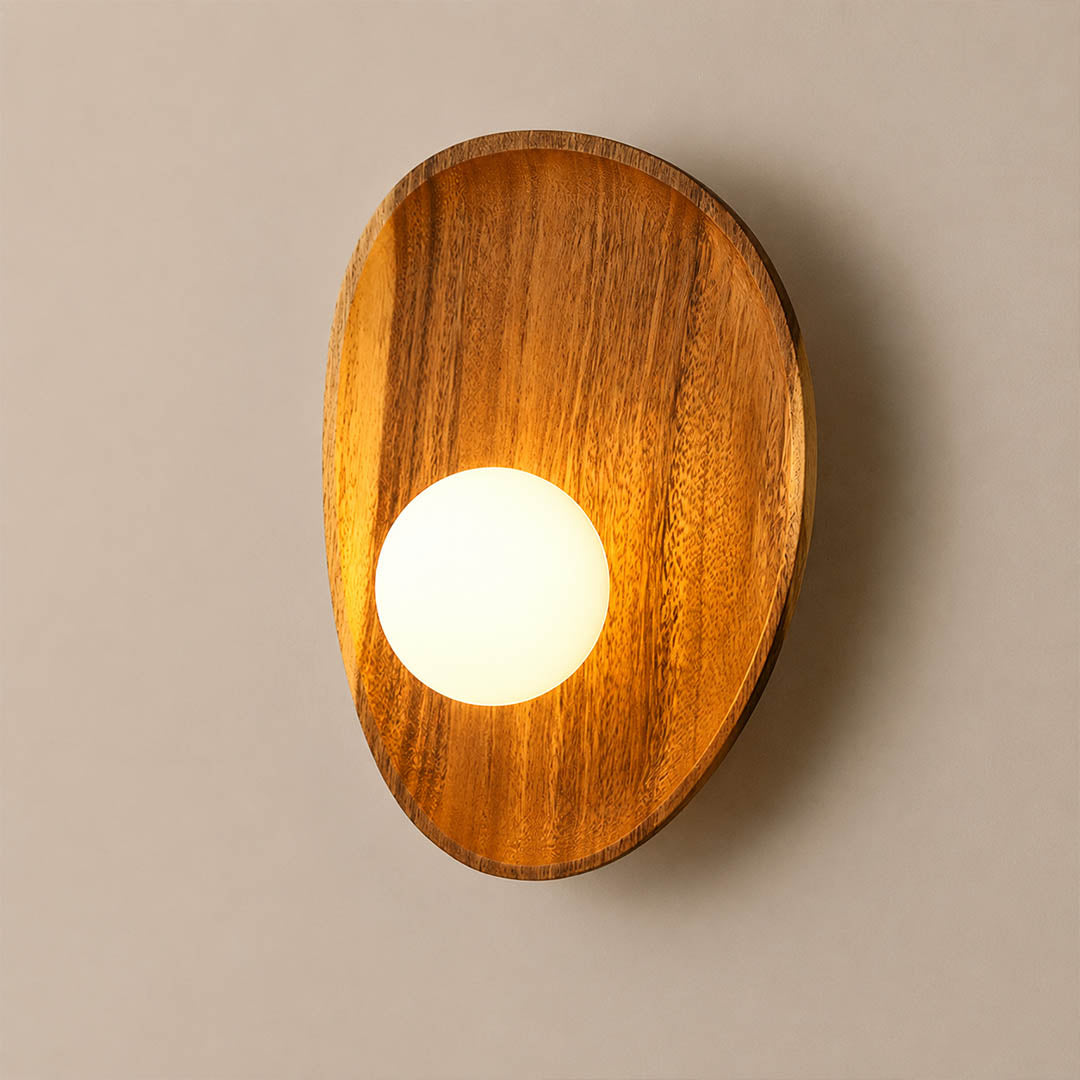 Ovi wood wall lamp walnut frosted white glass globe wide short shape wabi sabi minimalist bedside sconce white background front view