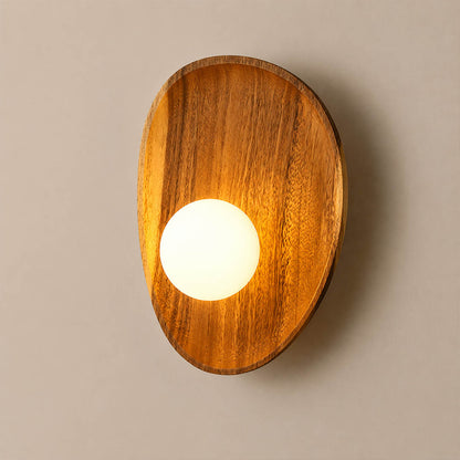 Ovi wood wall lamp walnut frosted white glass globe wide short shape wabi sabi minimalist bedside sconce white background front view