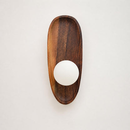 Ovi wood wall lamp walnut frosted white glass globe slim tall shape wabi sabi minimalist sconce white background front view