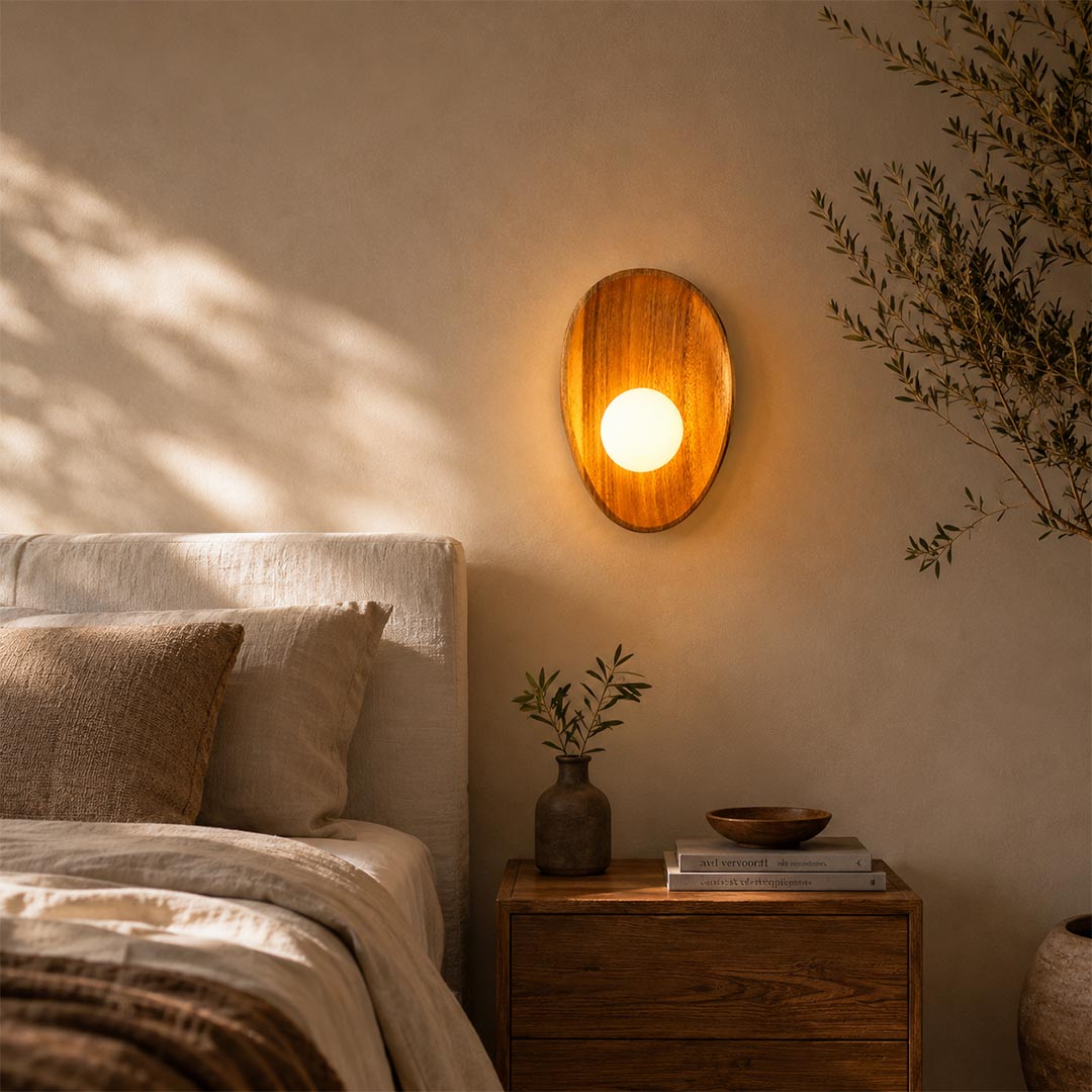 Ovi wood wall lamp walnut pair boutique cabin rental guest room bedside frosted glass globe warm wabi sabi hospitality American commercial interior