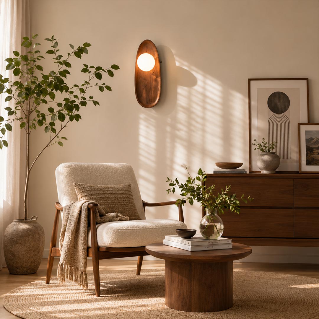 Ovi wood wall lamp walnut single reading nook beside chair frosted glass globe warm soft wabi sabi American home lifestyle interior