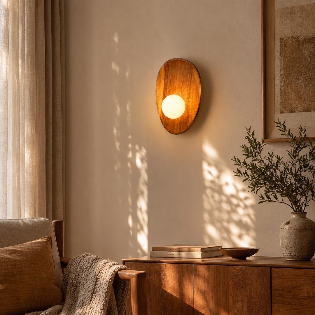 Ovi wood wall lamp walnut single reading nook beside chair frosted glass globe warm soft wabi sabi American home lifestyle interior