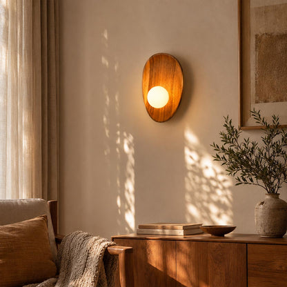 Ovi wood wall lamp walnut single reading nook beside chair frosted glass globe warm soft wabi sabi American home lifestyle interior