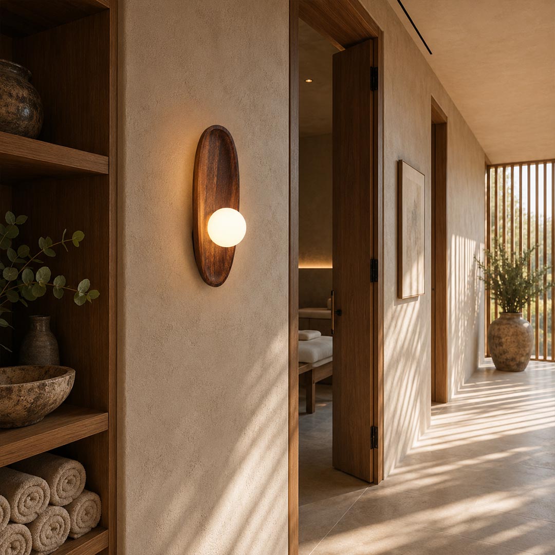 Ovi wood wall lamp walnut single entryway hallway frosted glass globe warm welcoming wabi sabi minimalist American home lifestyle interior