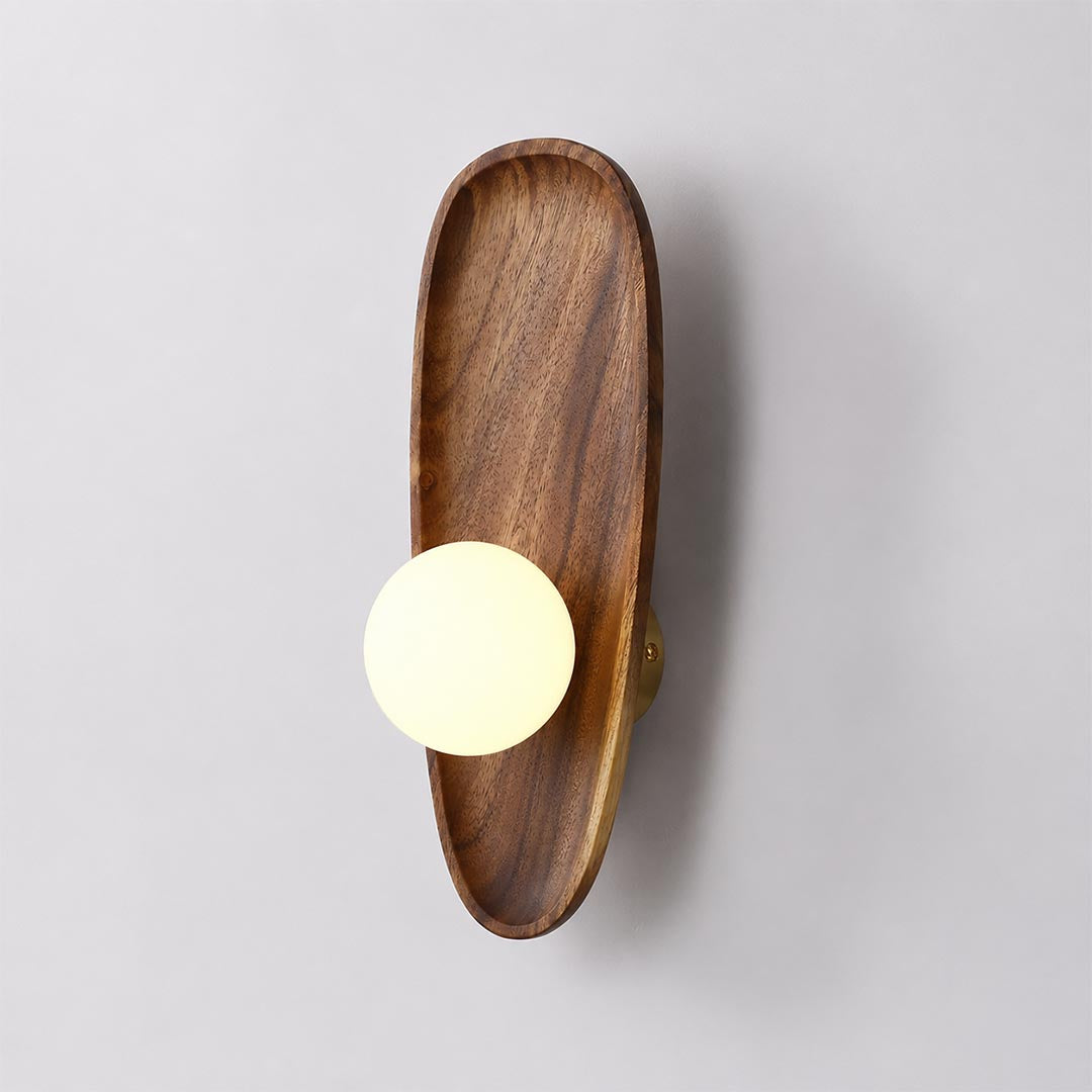 Ovi wood wall lamp walnut frosted white glass globe slim tall shape wabi sabi minimalist sconce white background front view